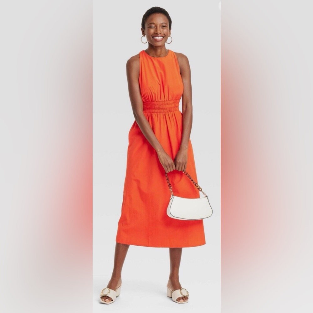 A New Day Womens Red Elastic Waist Cross Back Straps Midi Dress